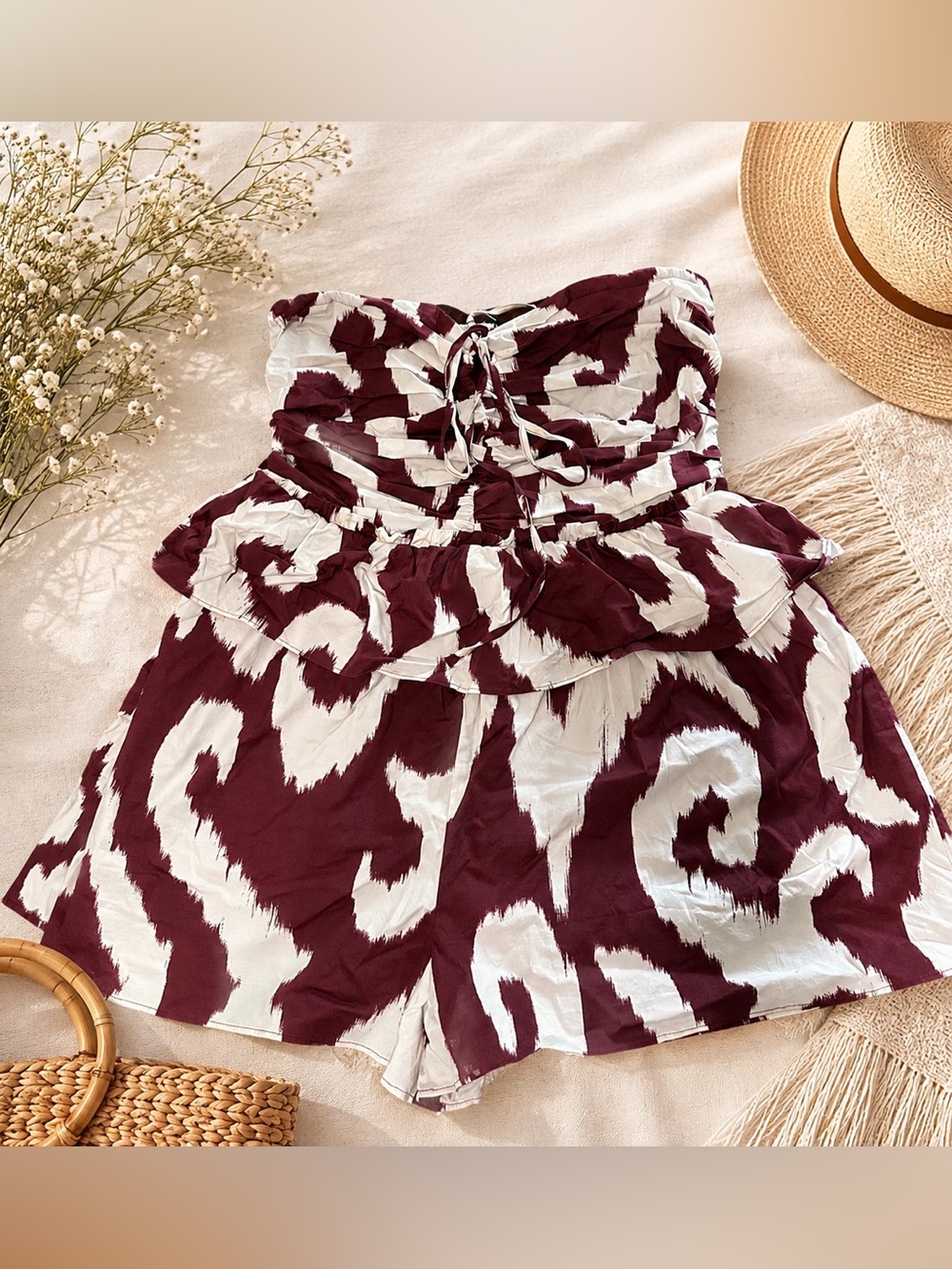 Express Burgundy & Cream Abstract Print Strapless Ruffle Romper